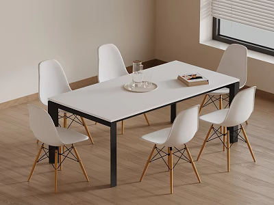 Modern Dining Table Set With White Table White Chairs Black Legs And Gold Accents 3d model