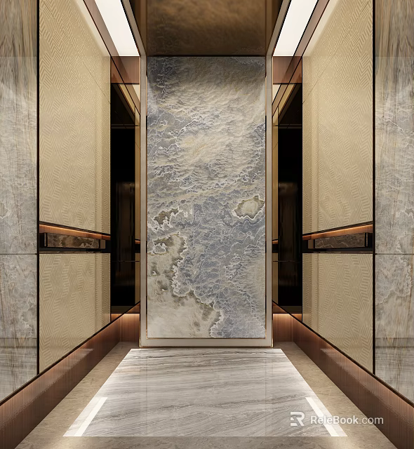 Luxurious Modern Elevator Interior With Marble Wall Mirror Design And Elegant Lighting Details 3d model 