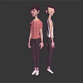 Two Low Poly 3D Characters With Pink And White Tops Dark Pants And White Shoes