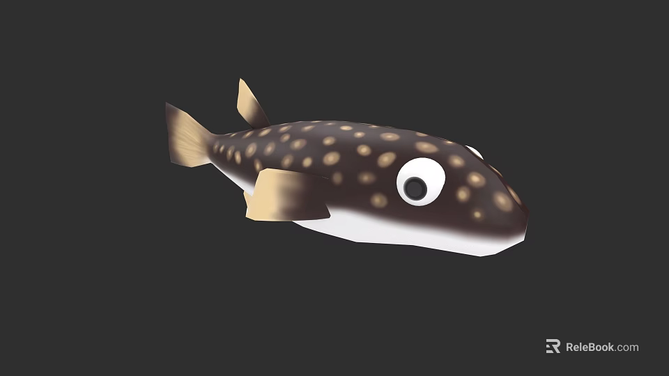 Cartoon Puffer Fish Aquatic Animal With Dark Brown Body Yellow Spots White Belly Large Eyes 3d model 