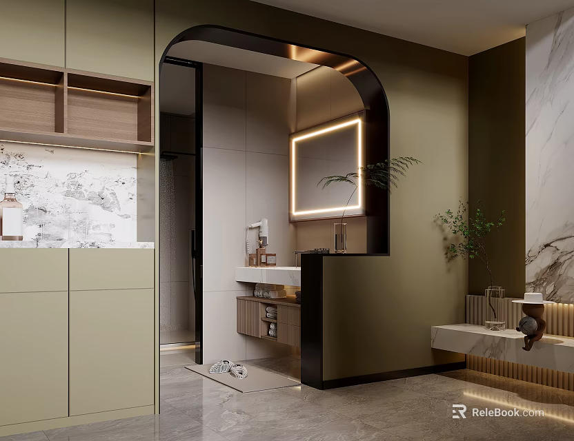 Modern Bathroom Interior With Arched Doorway Backlit Mirror Marble Wall And Light Green Cabinets 3d model 