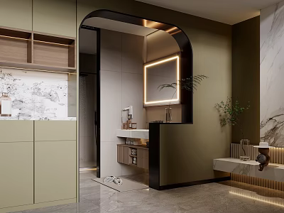 Modern Bathroom Interior With Arched Doorway Backlit Mirror Marble Wall And Light Green Cabinets 3d model
