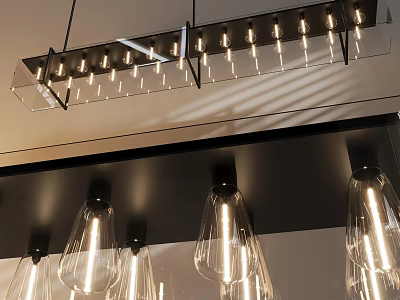 Modern Linear Chandelier With Multiple LED Bulbs Black Metal Bracket And Clear Glass Shades 3d model