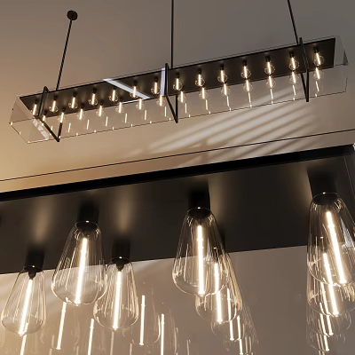 Modern Linear Chandelier With Multiple LED Bulbs Black Metal Bracket And Clear Glass Shades 3d model
