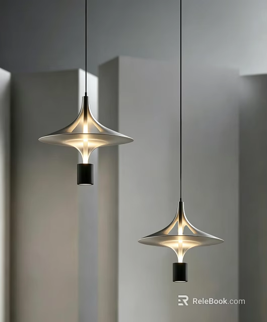 Modern Pendant Lights With Unique Metallic Shade And Warm Illumination In Minimalist Interior 3d model 