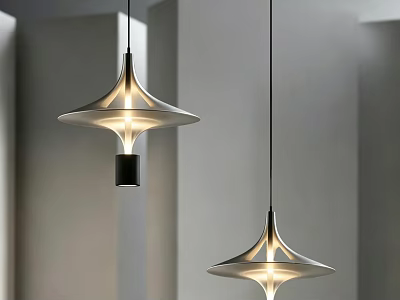 Modern Pendant Lights With Unique Metallic Shade And Warm Illumination In Minimalist Interior 3d model