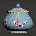 Blue Teapot With Pink Floral Patterns And Gold Accents On Lid And Handle