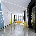 Modern Elevator Hallway With Marble Floor Yellow Sofa Large Windows And Creative Decor 3d model