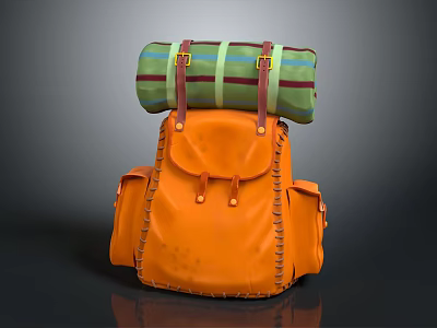 Trendy Orange Backpack With Green And Yellow Striped Rolled Item On Top 3d model
