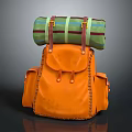 Trendy Orange Backpack With Green And Yellow Striped Rolled Item On Top