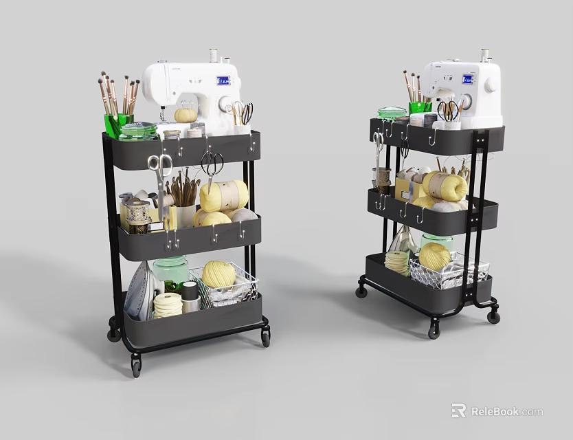 Multi Tiered Rolling Storage Rack with Sewing Machine Tools and Thread Spools 3d model