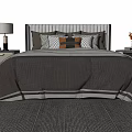 Double Bed with Striped Headboard Gray Quilt Nightstand and Table Lamp Decorative Items 3d model