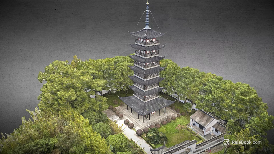 Ancient Chinese Pagoda With Multiple Storeys Surrounded By Green Trees And Courtyard 3d model 