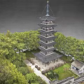Ancient Chinese Pagoda With Multiple Storeys Surrounded By Green Trees And Courtyard