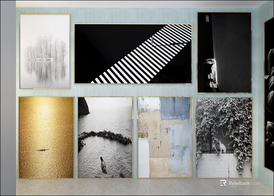 Abstract Paintings Wall Display With Black White Stripes Golden Tones And Collage Effects 3d model 
