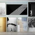 Abstract Paintings Wall Display With Black White Stripes Golden Tones And Collage Effects