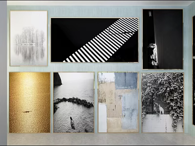 Abstract Paintings Wall Display With Black White Stripes Golden Tones And Collage Effects 3d model