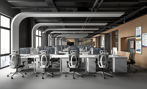 modern public office area public office open office area staff office desk chair chandelier plumbing equipment 3d model