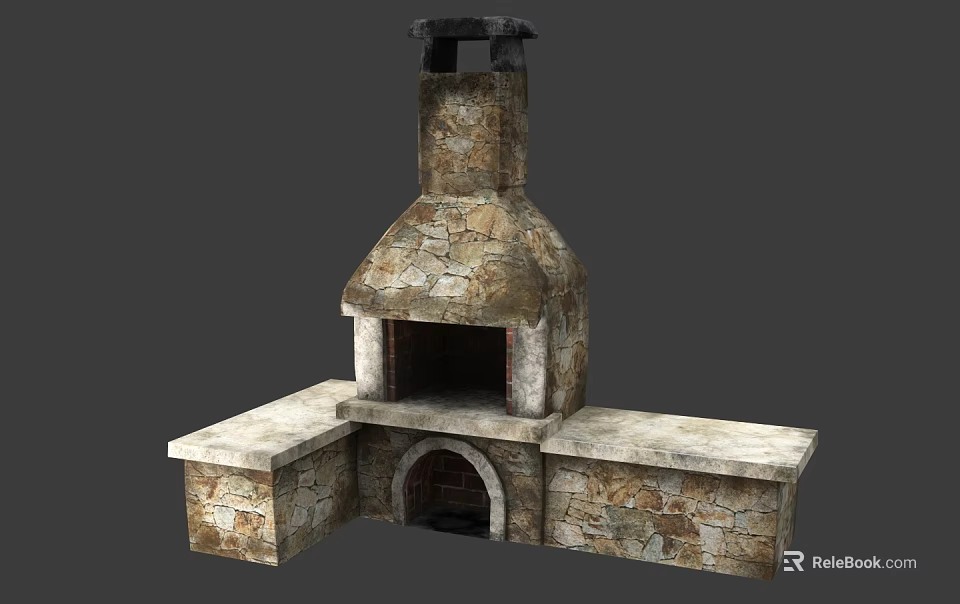 Traditional Stone Fireplace Design With Chimney And Side Countertops 3d model 