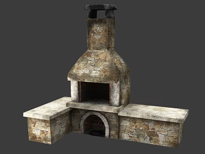 Traditional Stone Fireplace Design With Chimney And Side Countertops 3d model