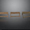 Three Wooden Benches With Different Designs On Dark Background With Reflection