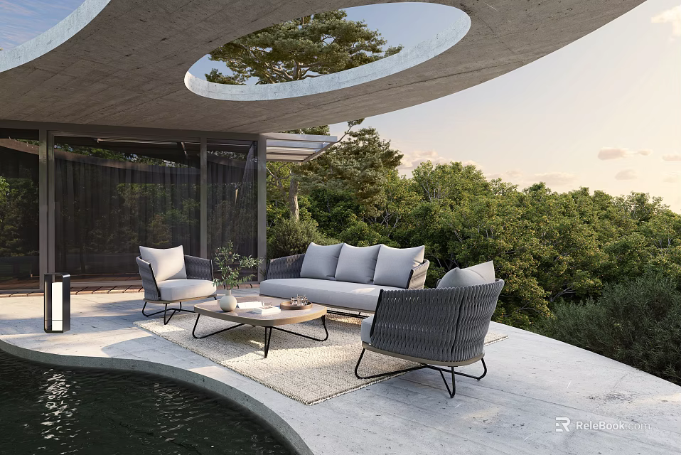 Modern Outdoor Terrace With Gray Sofa Wicker Chairs And Swimming Pool Surrounded By Green Trees 3d model 
