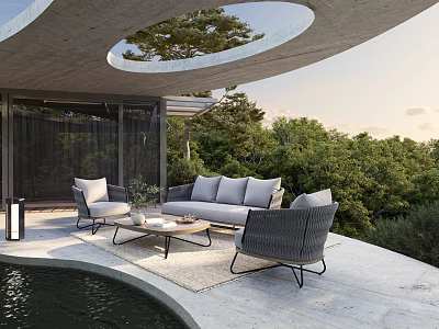 Modern Outdoor Terrace With Gray Sofa Wicker Chairs And Swimming Pool Surrounded By Green Trees 3d model