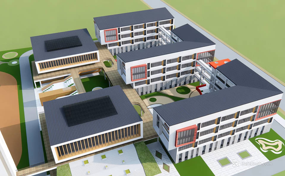 Modern School Campus Buildings With Multi story Structure Central Courtyard And Green Spaces 3d model 