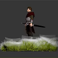 Woman in Red Cape Standing on Green Island With Grass Stones Sword and Dagger