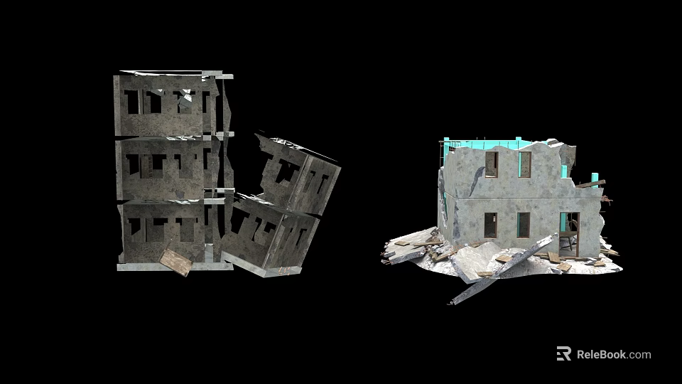 Collapsed Multi Story Building Structure With Scattered Debris And Damaged Walls 3d model 