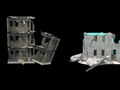 Collapsed Multi Story Building Structure With Scattered Debris And Damaged Walls 3d model