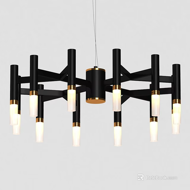 Modern Black Metal Chandelier With White Lampshades And Gold Accents 3d model 