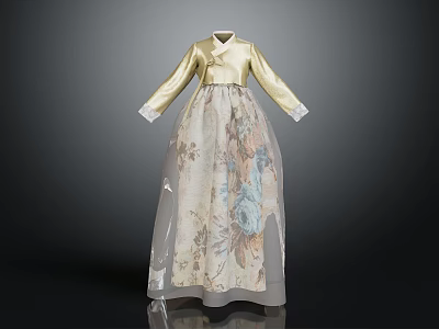 Traditional Korean Hanbok With Yellow Top And Floral Print Skirt Design 3d model