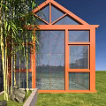 Orange Frame Glass Greenhouse with Building and Green Plants in Blue Sky