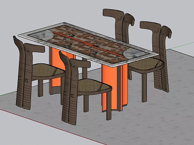 Wooden Dining Table With Patterned Top Orange Legs And Four Chairs Set 3d model