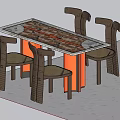 Wooden Dining Table With Patterned Top Orange Legs And Four Chairs Set 3d model