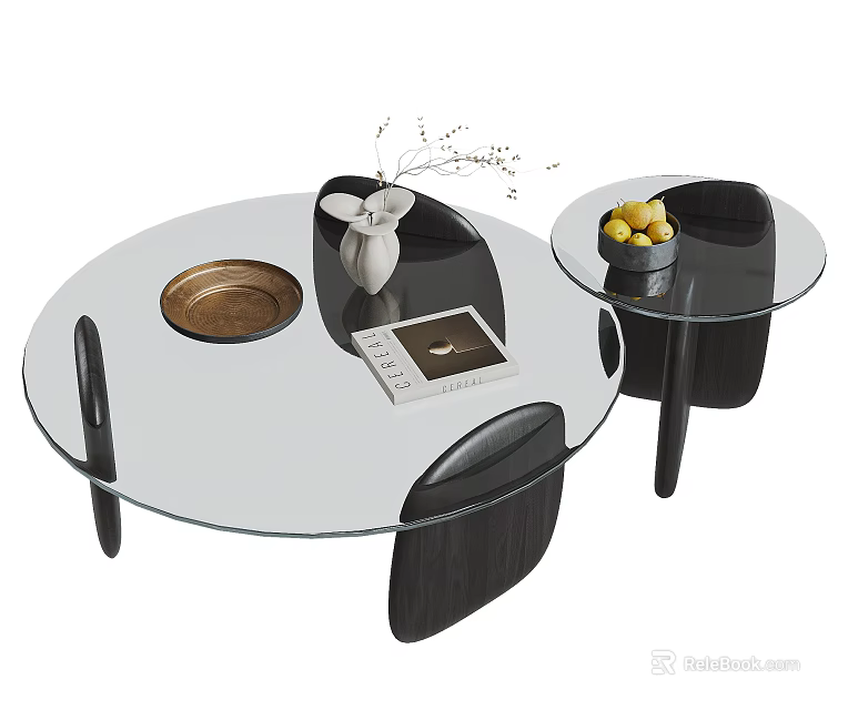 Stylish Round Glass Coffee Table with Black Legs Featuring Fruit Bowl Vase Dried Flowers and Magazine 3d model 