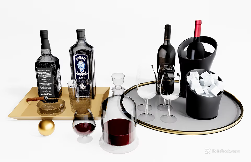 Stylish Wine And Whiskey Bottles With Wine Glasses Ice Bucket And Tray 3d model 