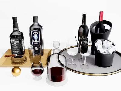 Stylish Wine And Whiskey Bottles With Wine Glasses Ice Bucket And Tray 3d model