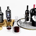 Stylish Wine And Whiskey Bottles With Wine Glasses Ice Bucket And Tray