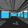 Modern Parking Garage With Blue Pillars White Flooring Directional Arrows And Ceiling Lighting