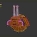 Orange Industrial Equipment With Silver Cylindrical Pipes On Top Circular Base And Side Mechanical Arms