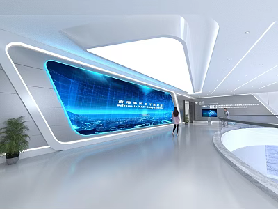 Modern Cultural Center Interior With Digital Display And Exhibition Area 3d model