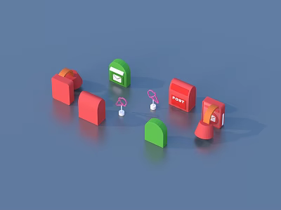 Colorful Cartoon Style Houses And Mailboxes With Pink Umbrella Decorations On Blue Background 3d model