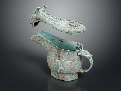 Ancient Bronze Wine Cup And Bottle With Open Lid Intricate Carvings And Handle Design 3d model