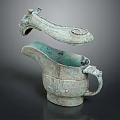 Ancient Bronze Wine Cup And Bottle With Open Lid Intricate Carvings And Handle Design