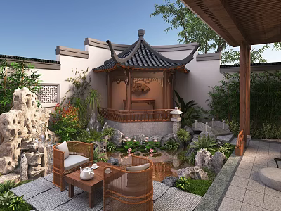 Traditional Chinese Garden Landscape With Pavilion Rockery Pond Green Plants Wicker Chairs And Wooden Table 3d model