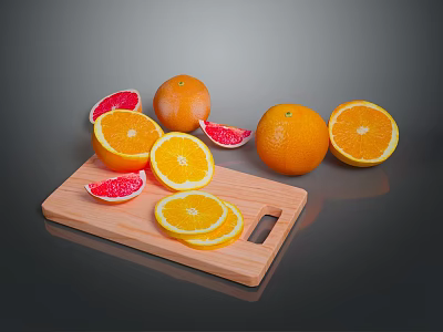 Fresh Whole And Sliced Oranges With Grapefruits On Wooden Cutting Board 3d model