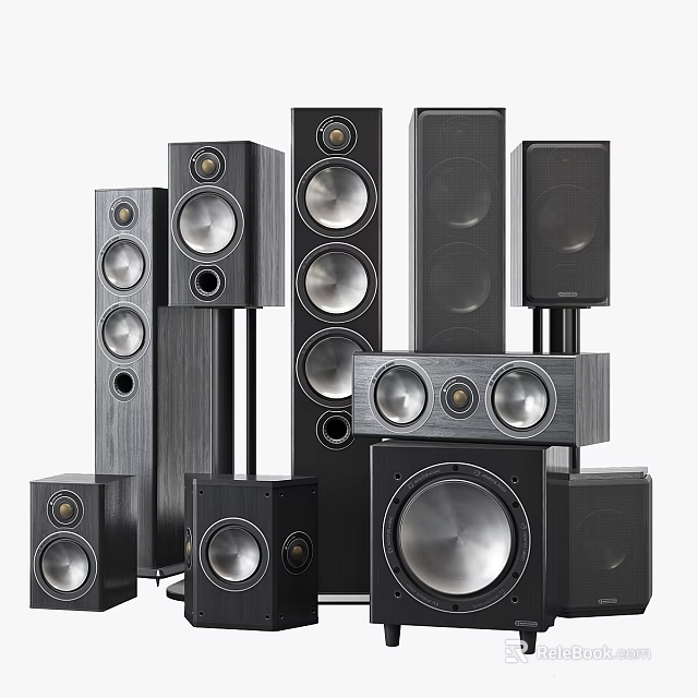 High Quality Black Headphones and Speakers with Various Styles and Sizes Displayed 3d model 