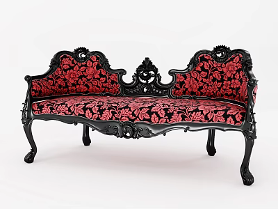 Ornate Vintage Sofa With Black Frame Red Floral Fabric And Carved Details 3d model